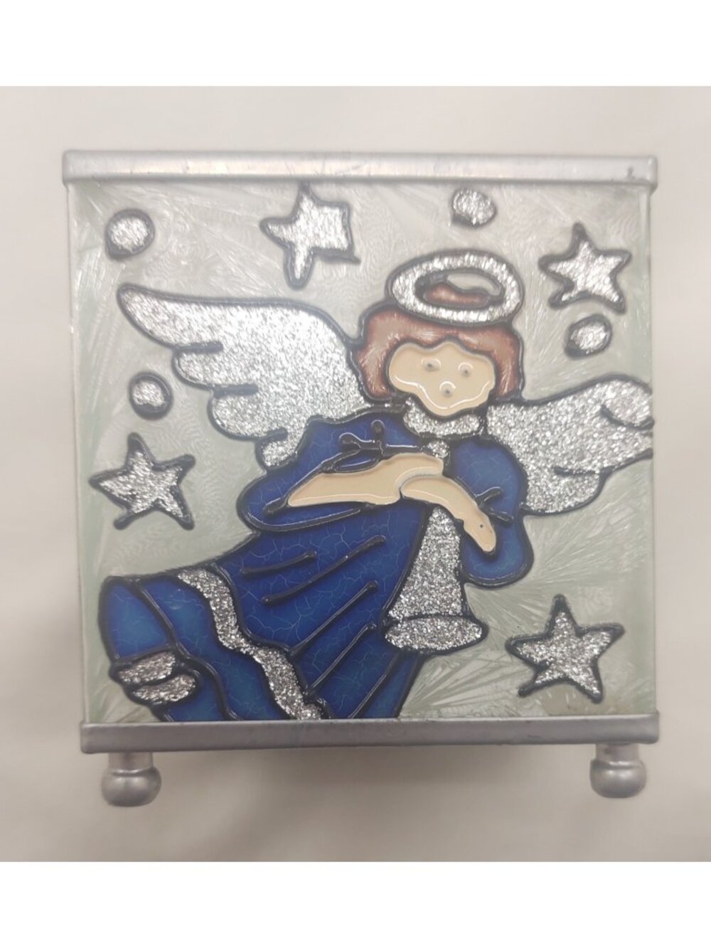 Stained Glass Angel Votive Candle Holder Silver Metal Mirror Box Planter
